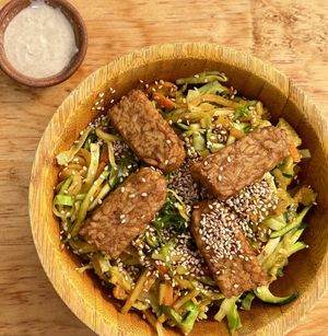 wok with tempeh  at Samsara's Garden in San Marcos La Laguna