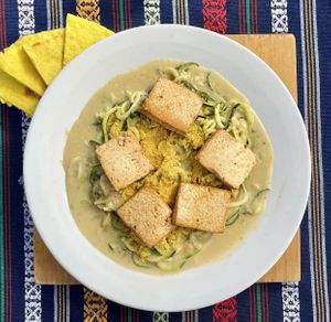 cheesy zucchini noodles  at Samsara's Garden in San Marcos La Laguna