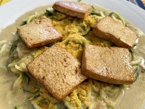 cheesy zucchini noodles  at Samsara's Garden in San Marcos La Laguna