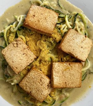 cheesy zucchini noodles  at Samsara's Garden in San Marcos La Laguna