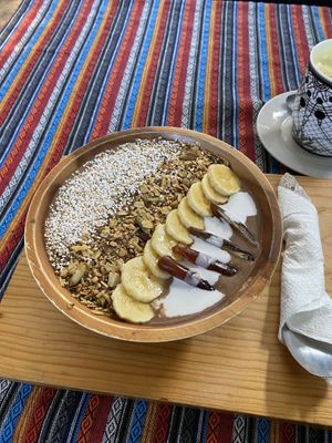 Cacao & carob smoothie bowl  at Samsara's Garden in San Marcos La Laguna