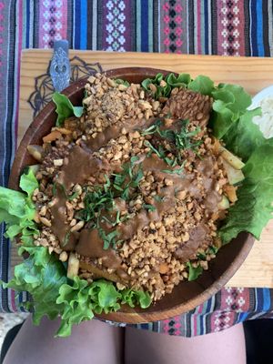 Peanut tempeh bowl  at Samsara's Garden in San Marcos La Laguna