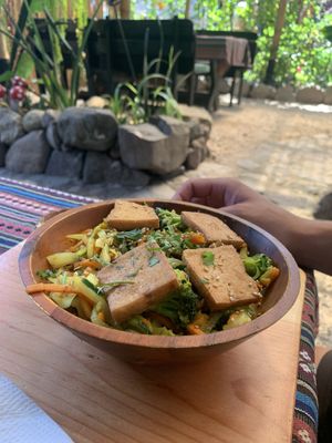 Wok bowl with tofu  at Samsara's Garden in San Marcos La Laguna