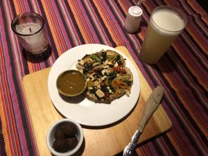 kale tofu toast and quinoa croquettes   at Samsara's Garden in San Marcos La Laguna