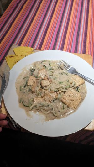 Cheesy zucchini noodles at Samsara's Garden in San Marcos La Laguna