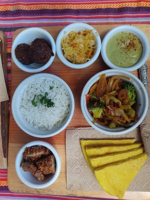 Economy Lunch with Tempeh and Rice at Samsara's Garden in San Marcos La Laguna