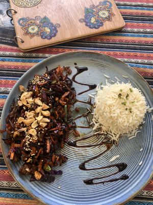Lao Tzu with tempeh and basmati rice  at Samsara's Garden in San Marcos La Laguna