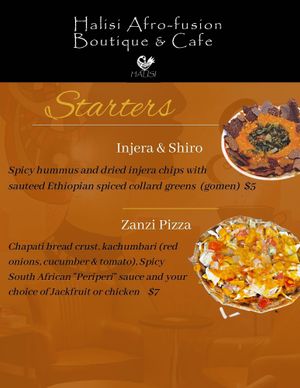 First option is vegan; second option (pizza) can be made with jackfruit/mushrooms and can omit the cheese.  at Halisi Africa in Tallahassee