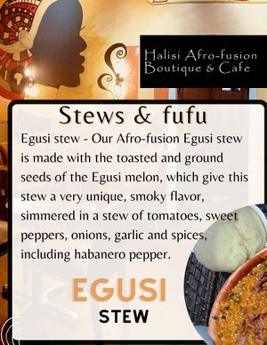 Egusi stew with jackfruit and/or organic baby Bella mushrooms  at Halisi Africa in Tallahassee