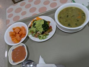 Papaya, salad, soup, guava dessert at El Champinon in Bogota
