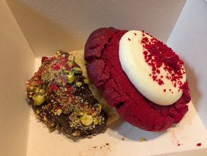 Red velvet cookie and a brookie underneath at Lisa's Deli in Zwolle