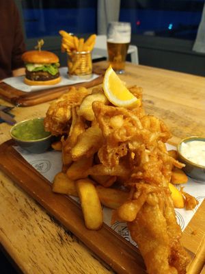 Banana blossom. Vegan burger in the background. at The Forest Kitchen & Bar  in Kielder