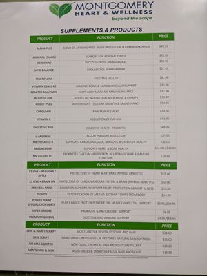 Immune boosting supplement chart at The Garden Kitchen in Houston