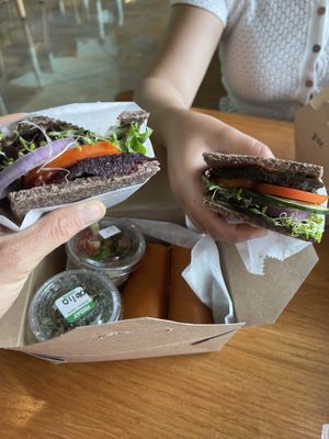 Beet burger (left), pepperoni wrap (middle), hulk burger (left) at The Garden Kitchen in Houston