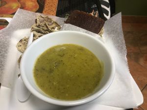 Broccoli soup, onion rings, “tuna” sandwich  at The Garden Kitchen in Houston