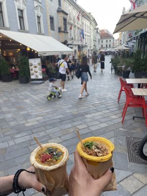 hokkaido pumpkin soup and lentil soup  at Soup Culture in Bratislava