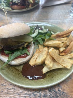 Vegan (moving mountains) burger with home cooked chips   at The Sawmill in Seascale