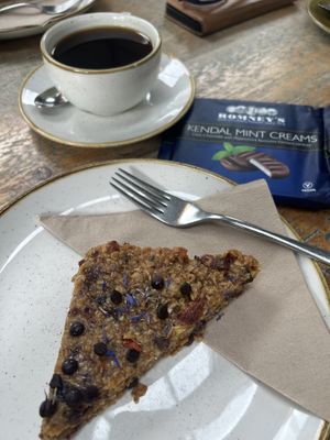 Gorgeous flapjack (with vegan Kendal mint cremes)  at The Sawmill in Seascale