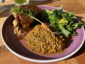 Seitan with demi glace dauce and lentil/pumpkin stew   at Macerado in Algarrobo