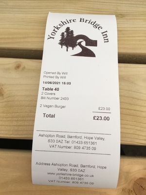 Our receipt  at Yorkshire Bridge Inn in Hope Valley