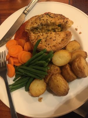 Spiced cauliflower, spinach and lentil pie - the inside  at Yorkshire Bridge Inn in Hope Valley