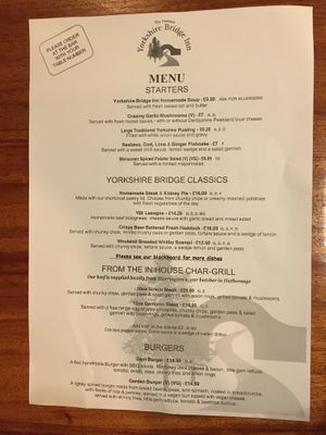 Menu, summer 2023  at Yorkshire Bridge Inn in Hope Valley