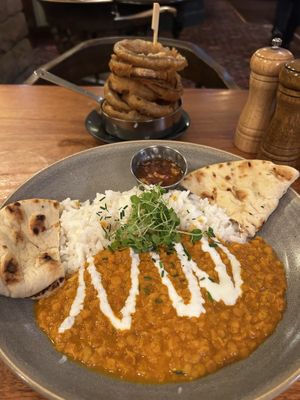Lentil Dahl and Onion Rings. Tasted great.  at Yorkshire Bridge Inn in Hope Valley