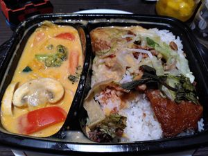 Reis mit rotem Kokoscurry und veganer Ente at Lôc Vegan in Mainz