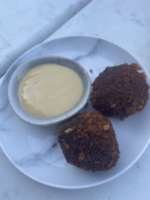 Seaweed bitterballen with soy mayo. at Rozey in Delft
