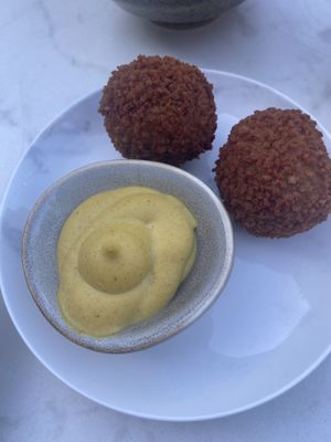 Bitterballen with mustard. at Rozey in Delft