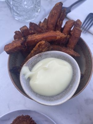 Sweet potato fries with veganaise. at Rozey in Delft