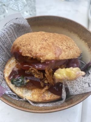 Pulled jackfruit sandwich. at Rozey in Delft