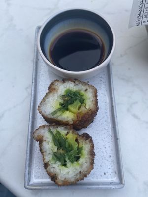 Crunchy (deep fried) sushi roll. at Rozey in Delft