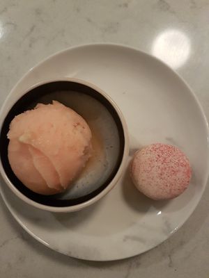 Bloedsinaasappel ijs met macaron at Rozey in Delft