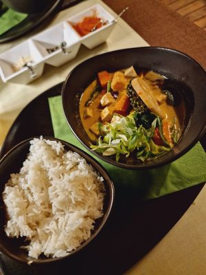 Red curry made vegan at Shambala in Ljubljana