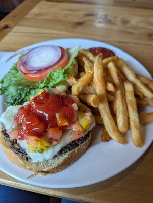 Veggie-Head Burger with fries. I also added ketchup to the burger and next to the fries in the photo. at One Love Brewery in Lincoln