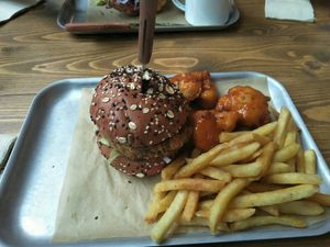 Kungfu Zrou burger with Buffalo cauliflower wings. at BrewDog in Shanghai