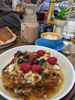 Vegan french toast with vanilla soy yogurt and homemade granola at Dreamy Goat Coffee Co. in Inverurie