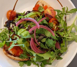 Avocado toast with picked red onions and VeganBay sourdough at Dreamy Goat Coffee Co. in Inverurie