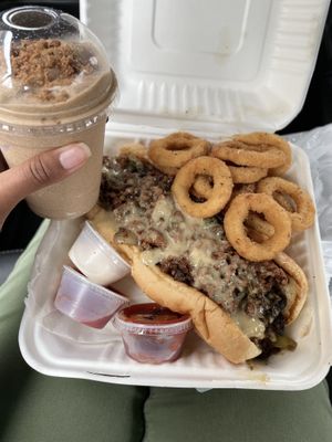 Philly Supreme w/ Onion Rings & a Peanut Butter Blondie Milkshake  at Philly Vegan in Richmond