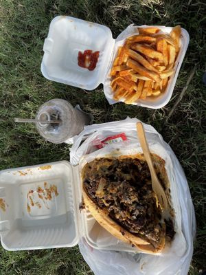 Philly cheesesteak w fries & a chocolate Oreo shake  at Philly Vegan in Richmond