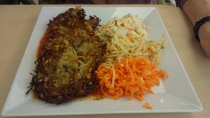 A very delicious Polish potato dish with three different salads at BioWay - Waly Jagiellonskie in Gdansk