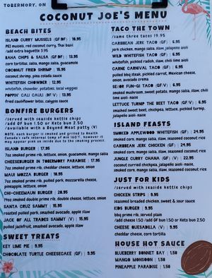 Updated menu - vegan options marked with 'V' except for the cheese quesadilla at Coconut Joes in Tobermory