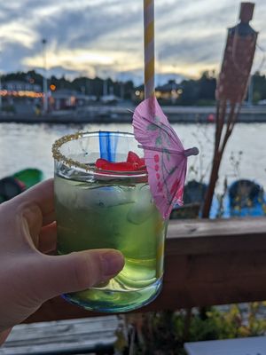 Mermaid water (amazing drink!) at Coconut Joes in Tobermory