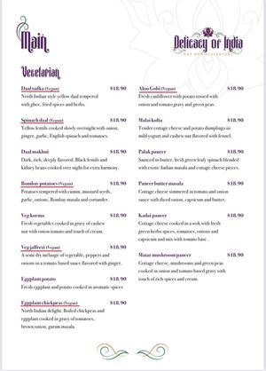 Vegetarian main menu with vegan options marked at Indian Experience in Morisset