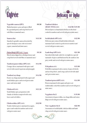 Entree menu at Indian Experience in Morisset