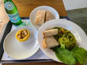 Tofu noodles with pesto, ciabatta bread, and apple tart at Breaghetti Itaewon in Seoul