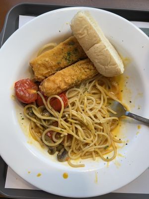 Cheesy spaghetti with tofu tenders  at Breaghetti Itaewon in Seoul
