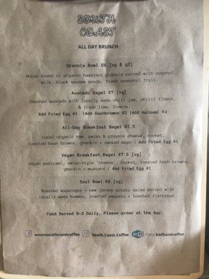 Menu at South Coast in Bournemouth
