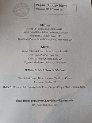 Vegan Sunday menu at Castle Bistro in Londonderry